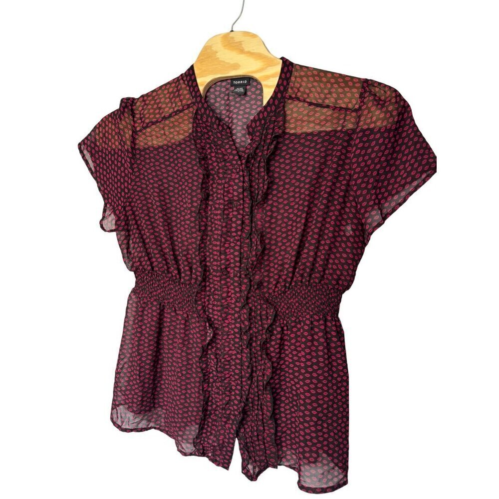 Torrid Women's Sheer Ruffled Button Down Blouse Smocking SZ 3 (22-24) Black Red - Picture 2 of 10